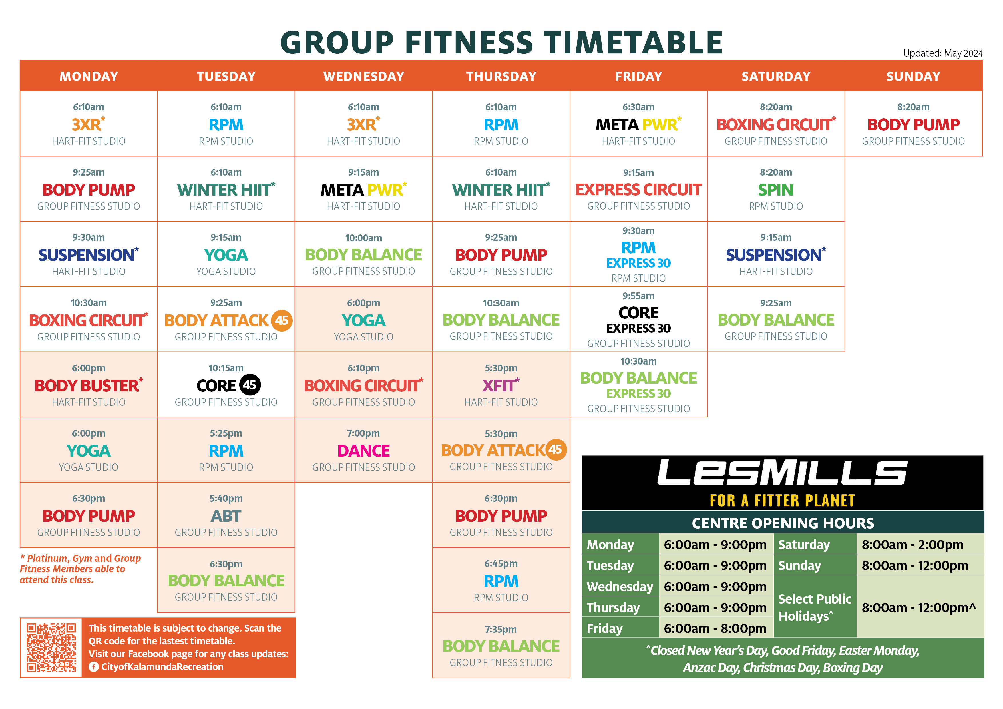 Group Fitness Timetable (as of May 2024)
