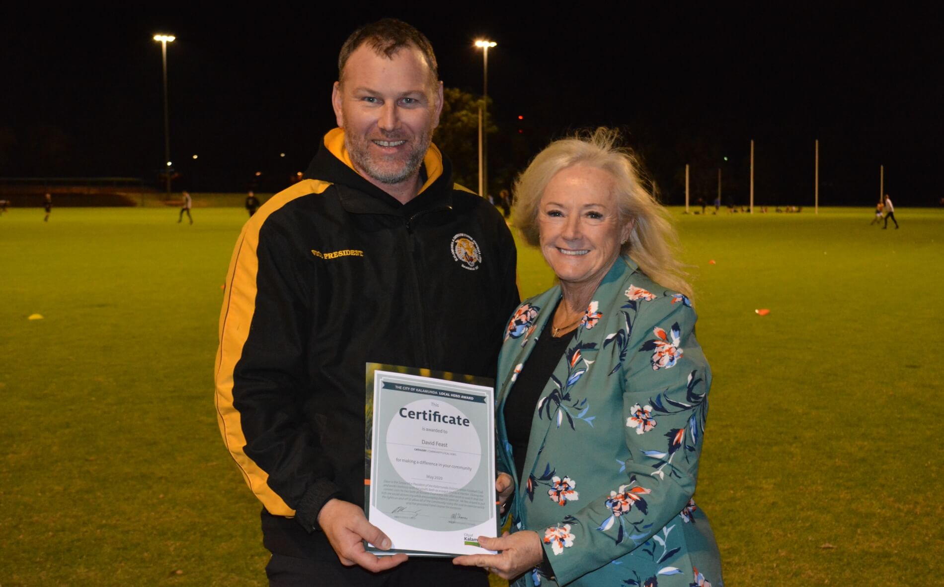 Dave Feast presented by Mayor Margaret Thomas the Local Hero nomination for May 2020 