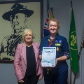 1st Walliston Scout Group - Maria Kelly receiving Local Hero award from Mayor Margaret Thomas (July 2022)