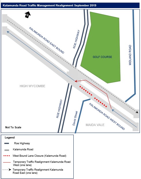 Map overview showing lane closures for Kalamunda Road and Roe Highway starting in mid-October 2019