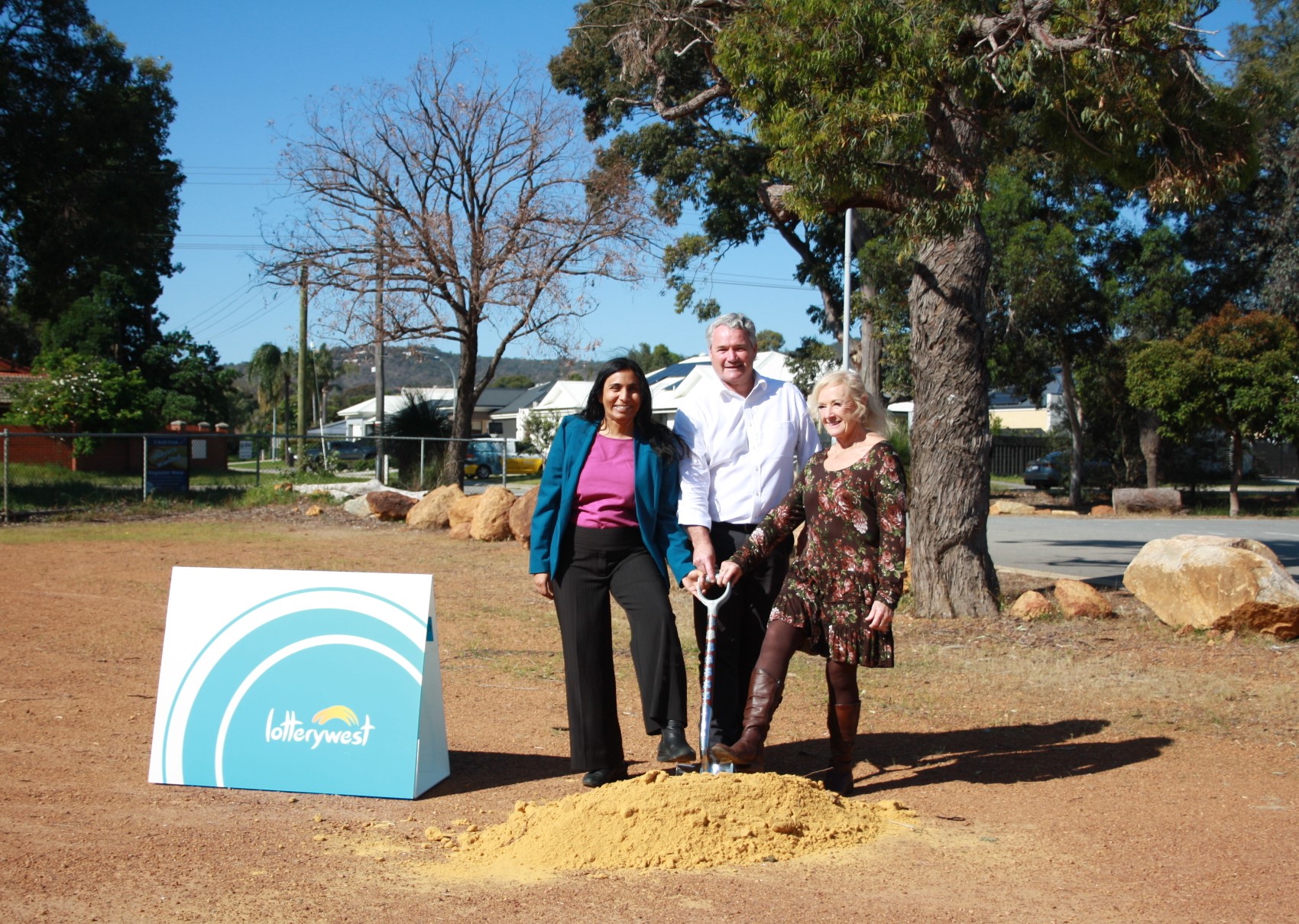 Zaneta Mascarenhas, Federal Member for Swan; Stephen Price, Member for Forrestfield and Mayor Margaret Thomas holding a commemorative shovel at the turning of the sod event, Hartfield Park Stage 2 Foothills Men's Shed, Forrestfield