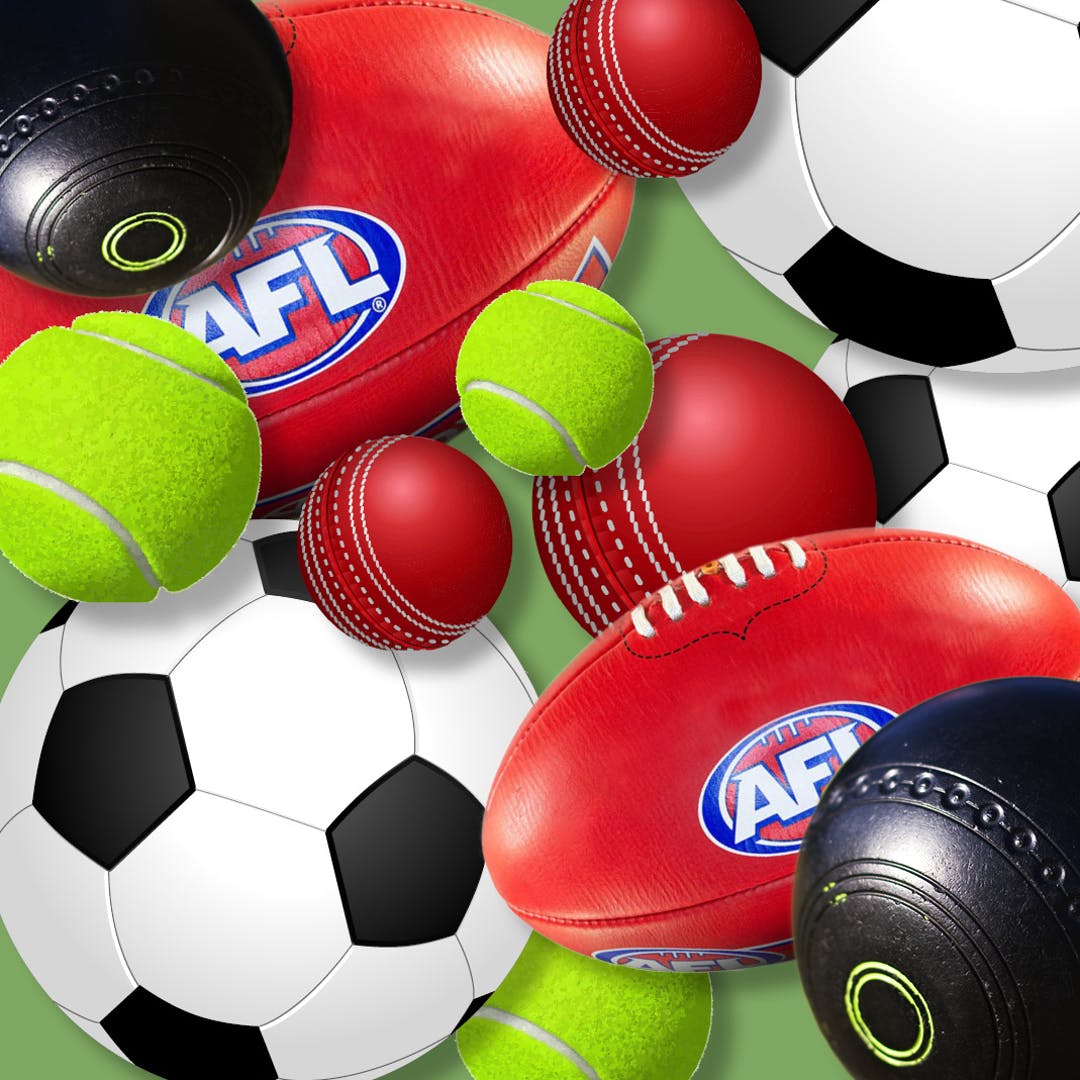 Sports Equipment for soccer, tennis, AFL, cricket and bowls